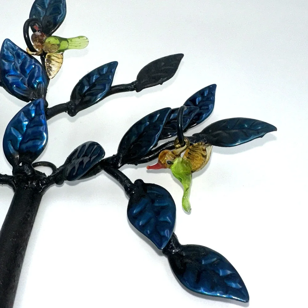 Tree of Life Humming Bird Black Blue Metal Wall Mounted Key Holder with 5 Hooks